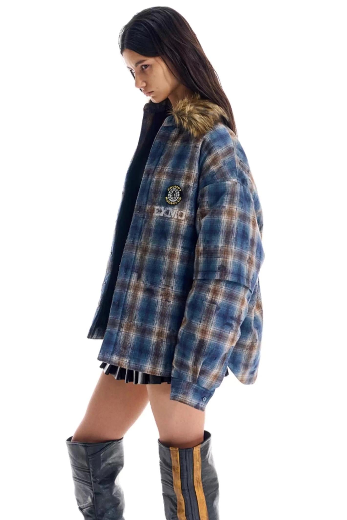 Embroidered Plaid Fur Collar Jacket