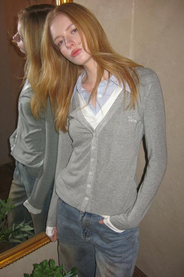 Gray Embroidered Knit Blouse