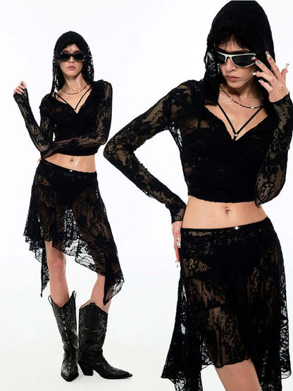 Lazy Lace Sheer Hooded Tops