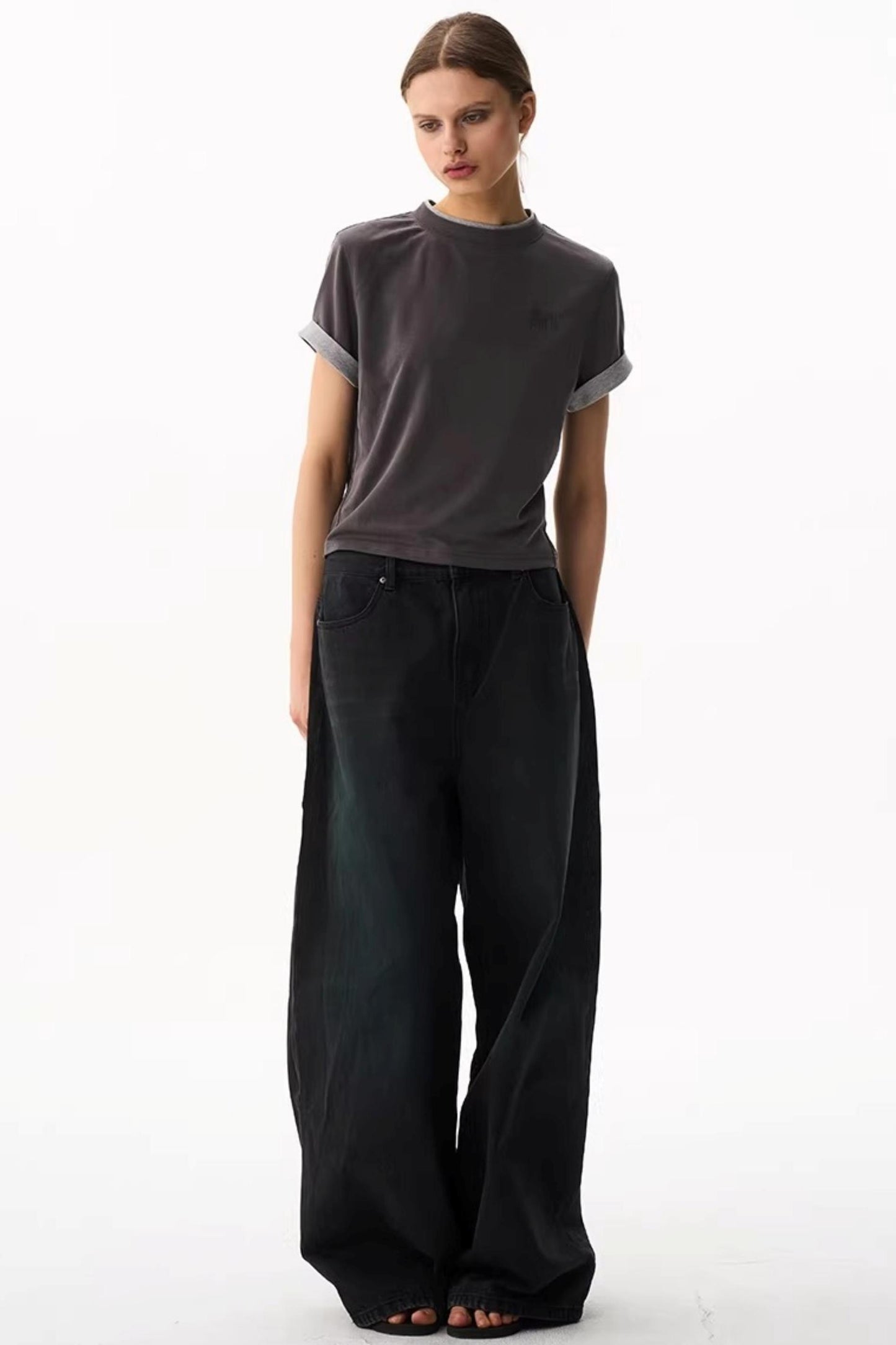 Washed Blue Wide-Leg Denim Pants