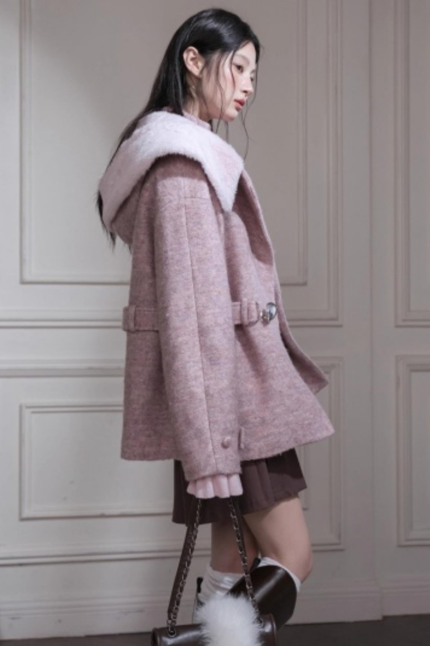 Cream Pink Quilted Woolen Coat