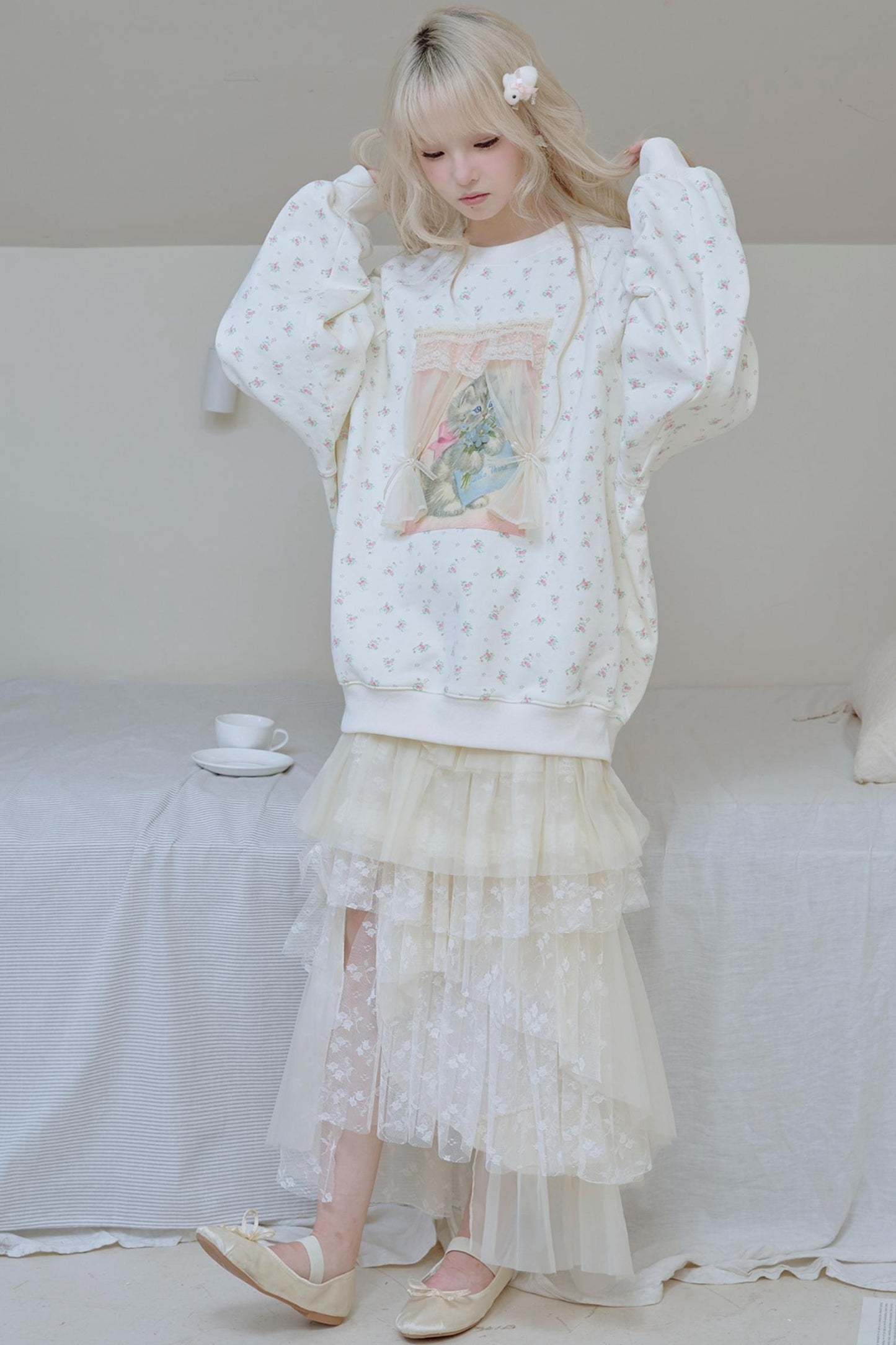 Beige Lace Patchwork Chiffon Skirt