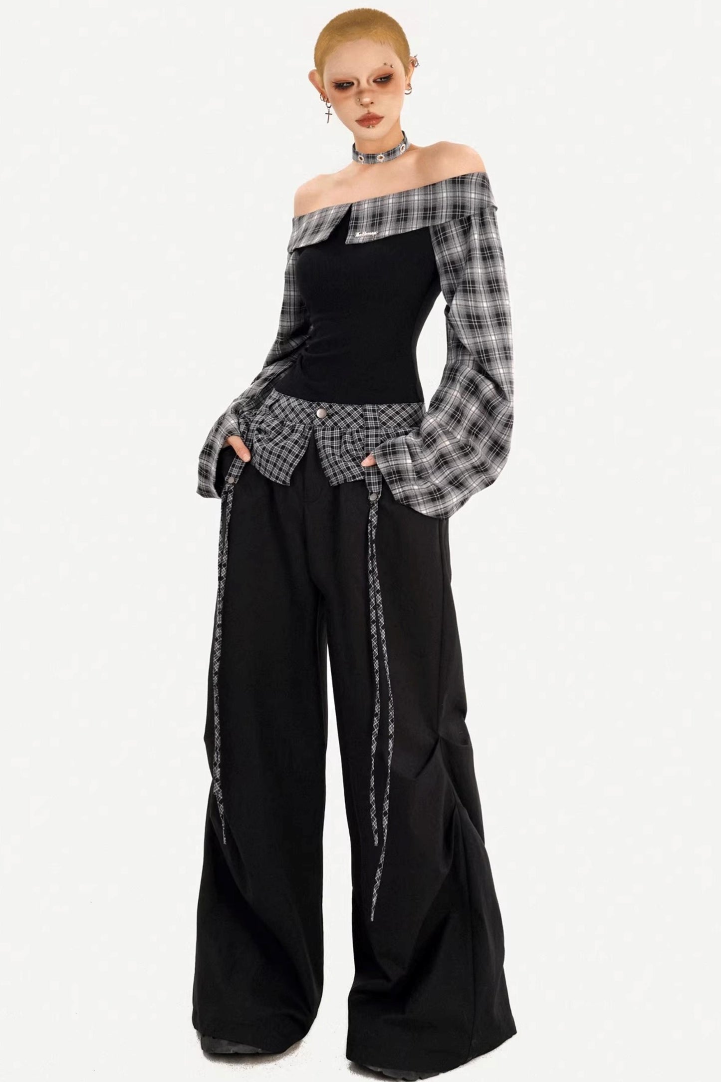 Plaid Off-Shoulder Pants Set-Up