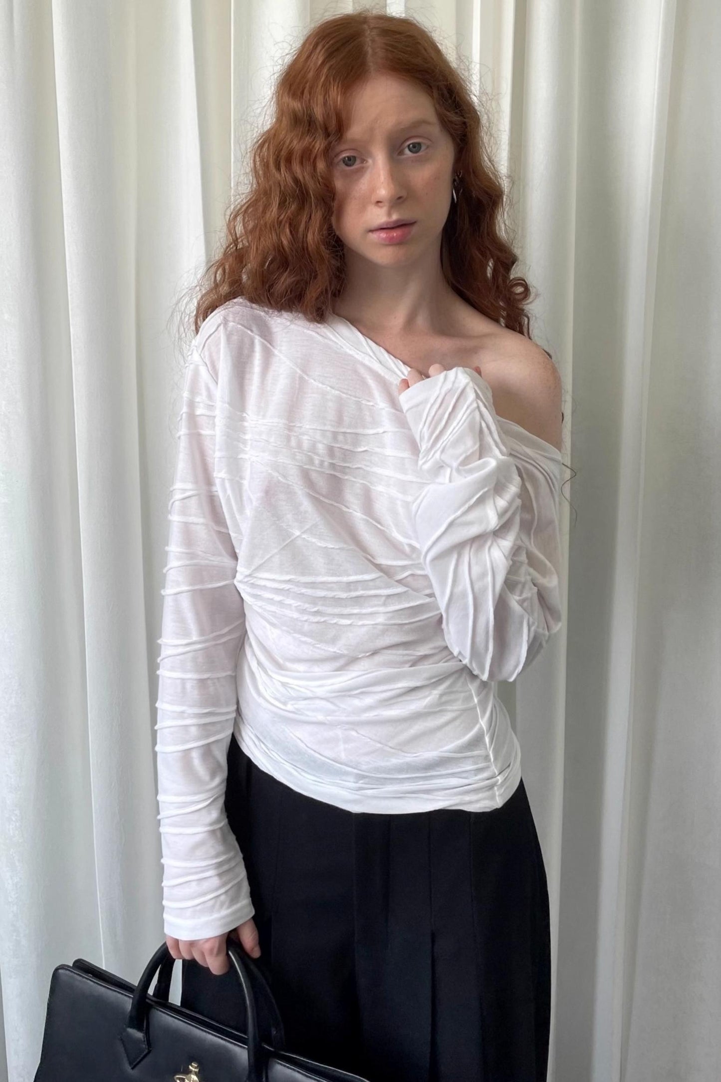 Pleated Slanted Shoulder Slimming Top