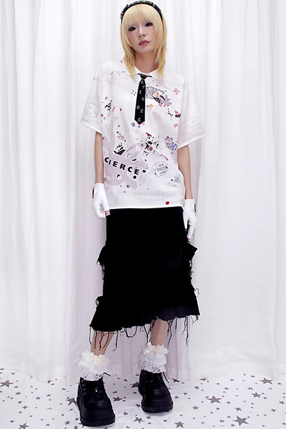 Sticker Print Embroidered Tie Polo Shirt