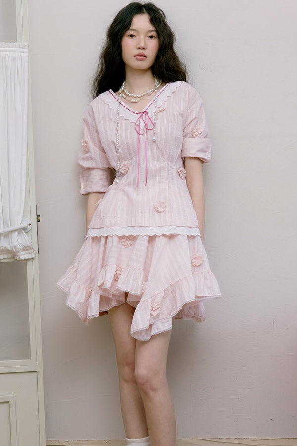 Pale Pink Striped Shirt & Irregular Skirt Set-Up