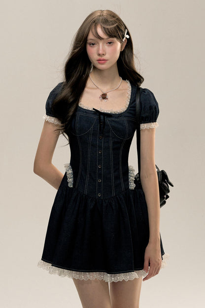 Denim Topstitch Square-Neck Pleated Dress