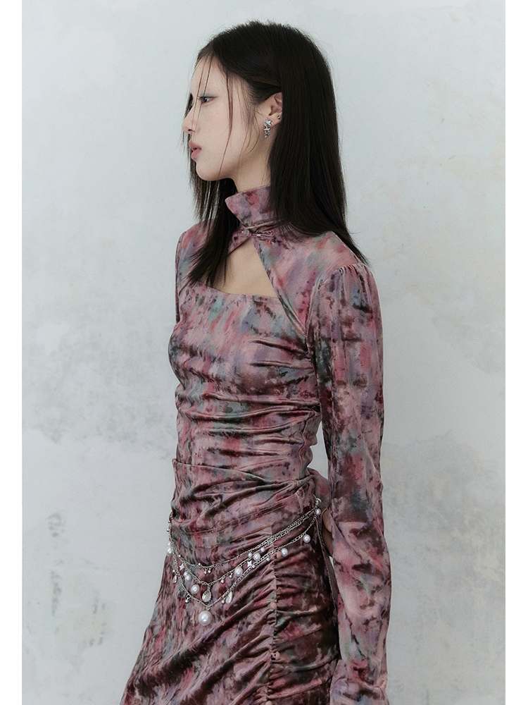 Chinese Style Marble Print Tops & Slit Skirt