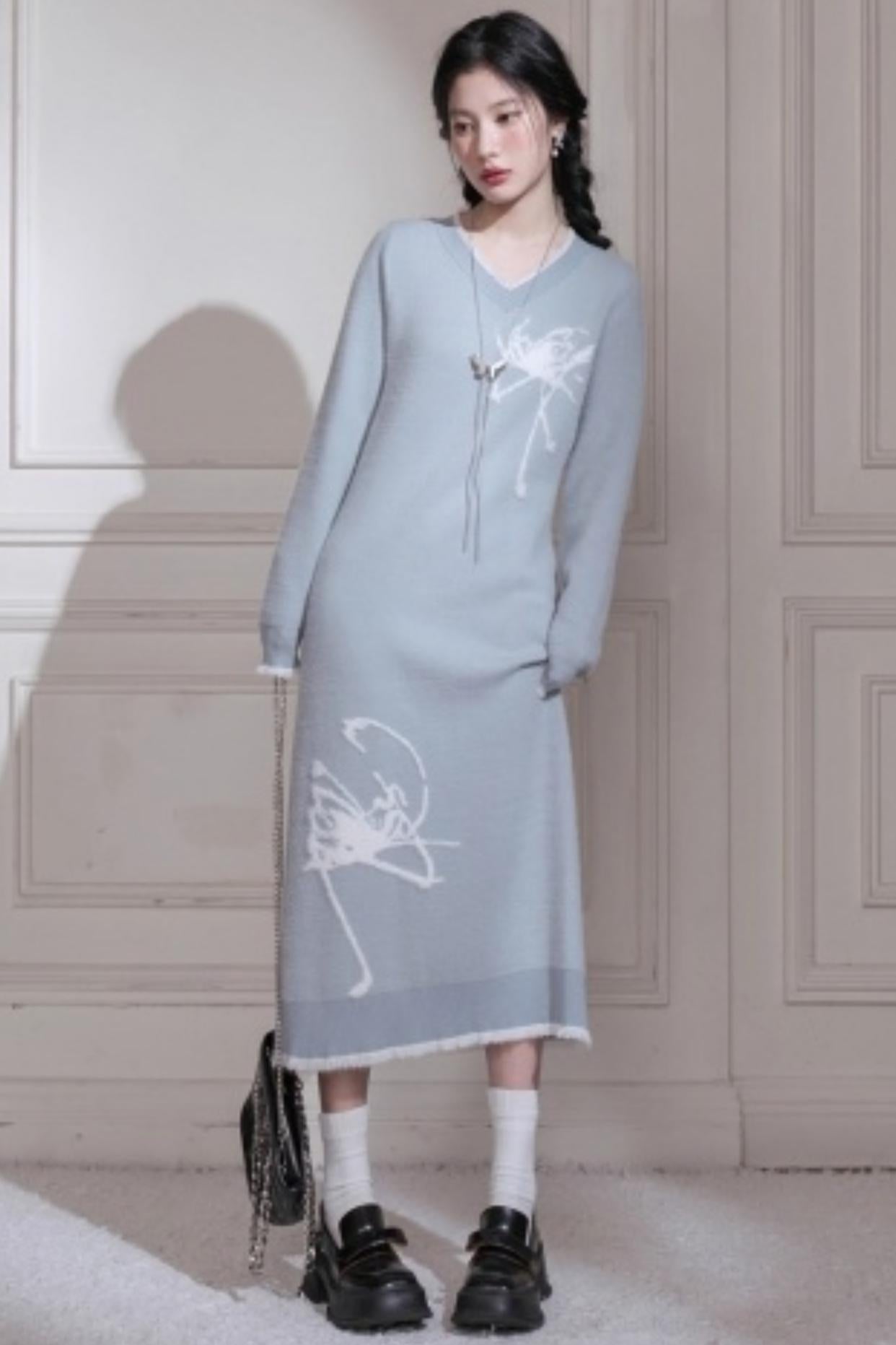 White Butterfly Blue Woolen Dress