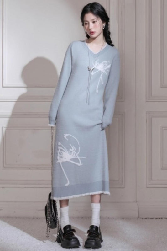 White Butterfly Blue Woolen Dress