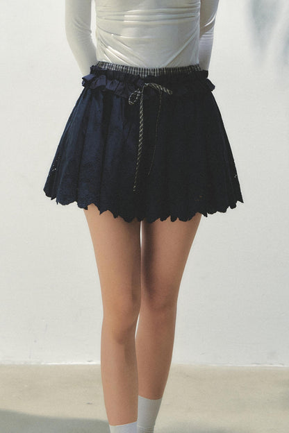 Navy Pleated Embroidered Skirt