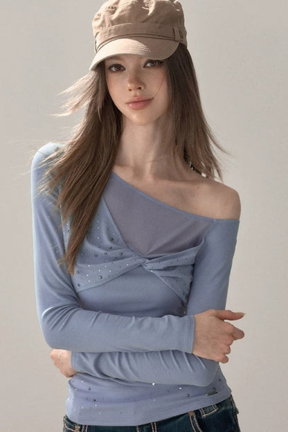 Rhinestone Twist Slim Blouse
