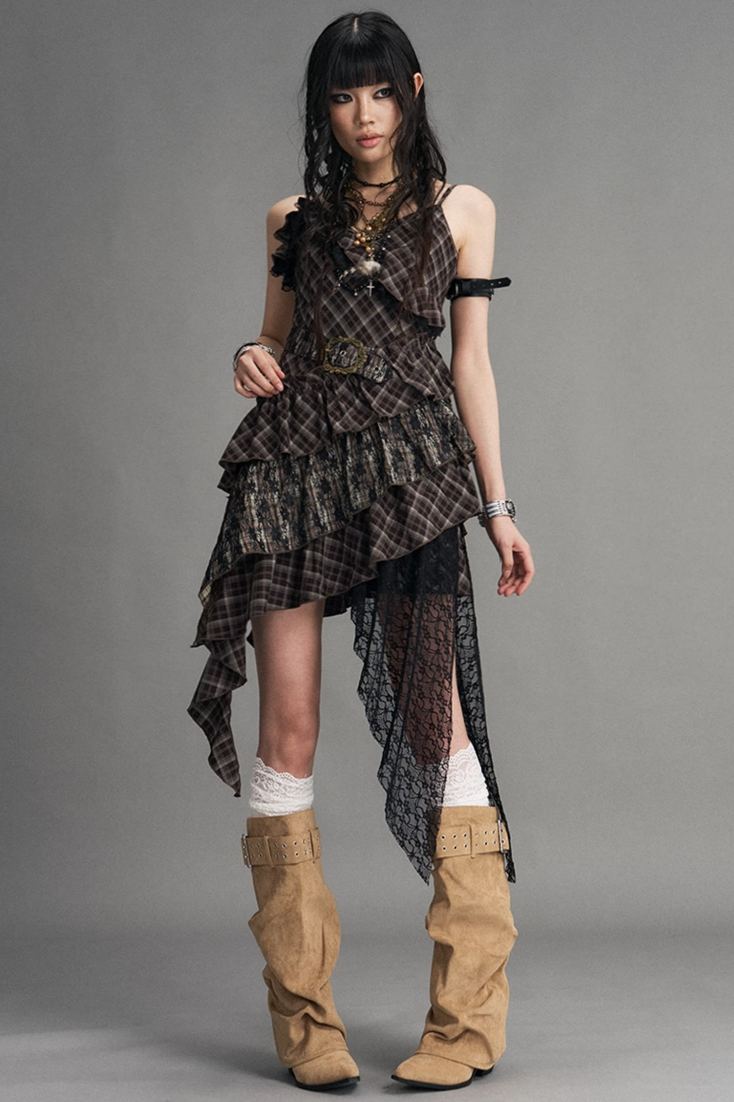 Retro Irregular Plaid Dress
