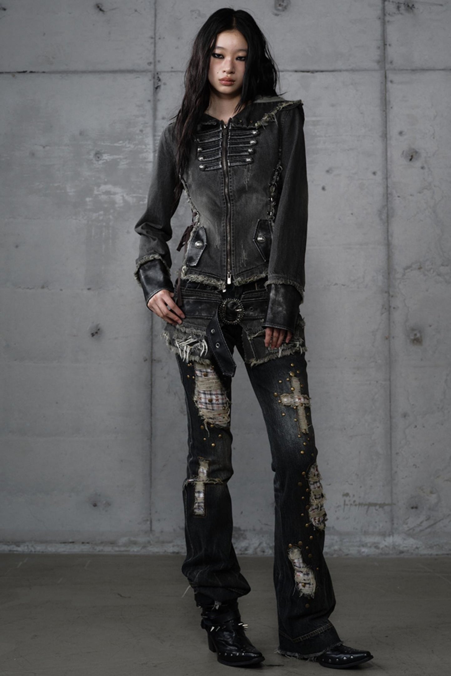 Distressed Denim Slim Fit Hooded Coat