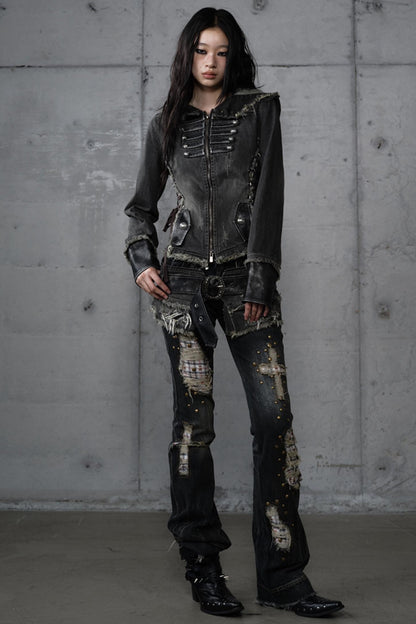 Distressed Denim Slim Fit Hooded Coat