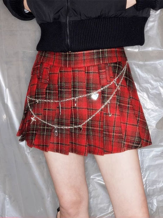 Metal Chain Red Plaid Halter Skirt