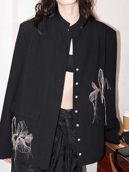 Fine Silk Thread Embroidery Black Suit Jacket