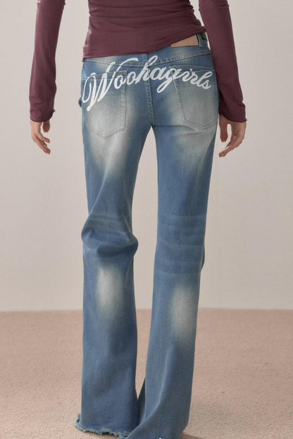 Vintage Letter Print Flared Jeans