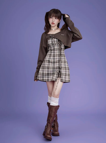 Brown checkered cardigan two-piece set