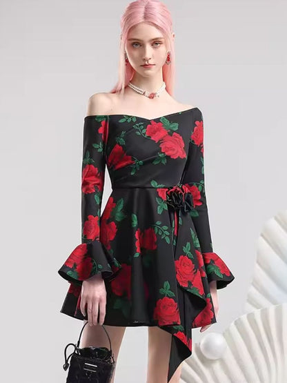 Slant Shoulder Neck Pop Big Flower Dresses