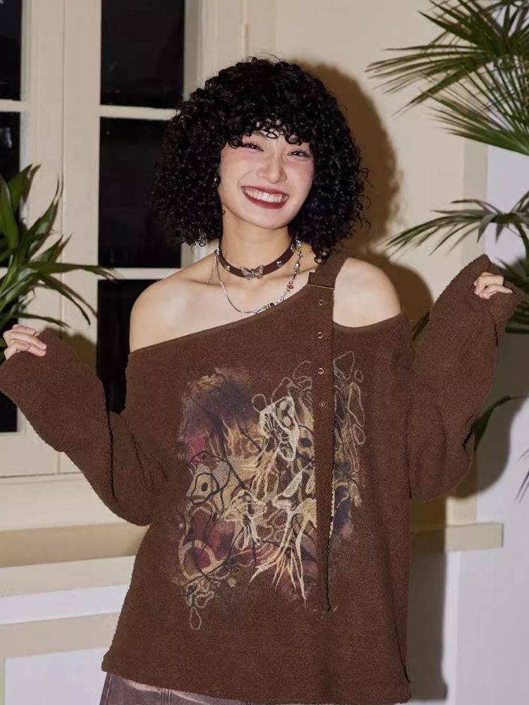 Retro Strapless Long Sleeve Printed Loose Sweatshirt