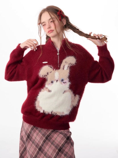 Half High Neck Plush Rabbit Red Sweater