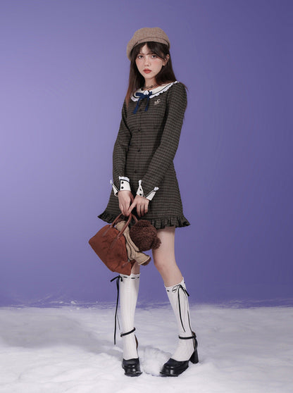 Checkered Doll Collar Long Sleeve Dress