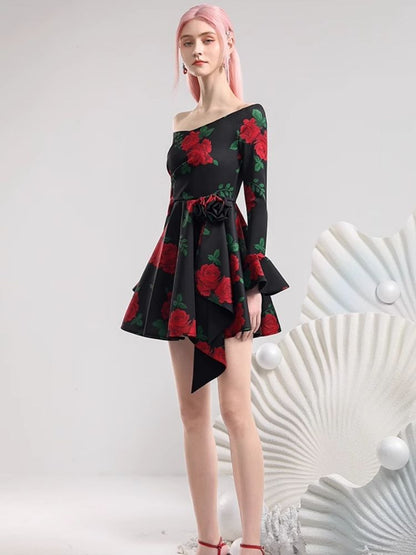 Slant Shoulder Neck Pop Big Flower Dresses