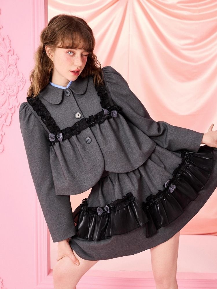 Half Skirt Bowknot Bubble Sleeve Set