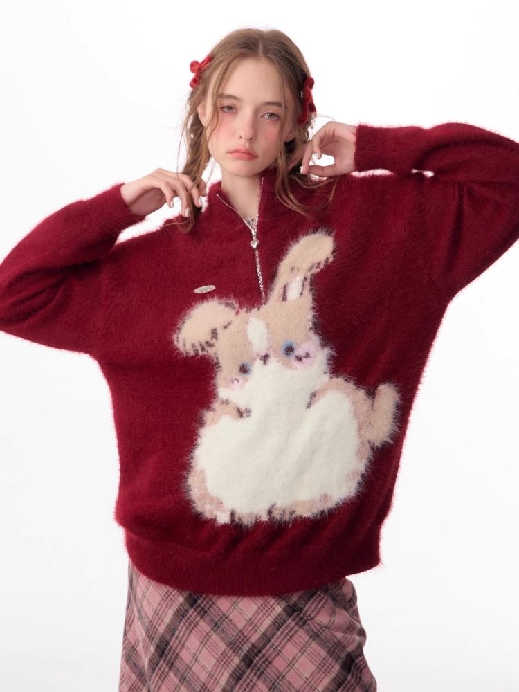 Half High Neck Plush Rabbit Red Sweater