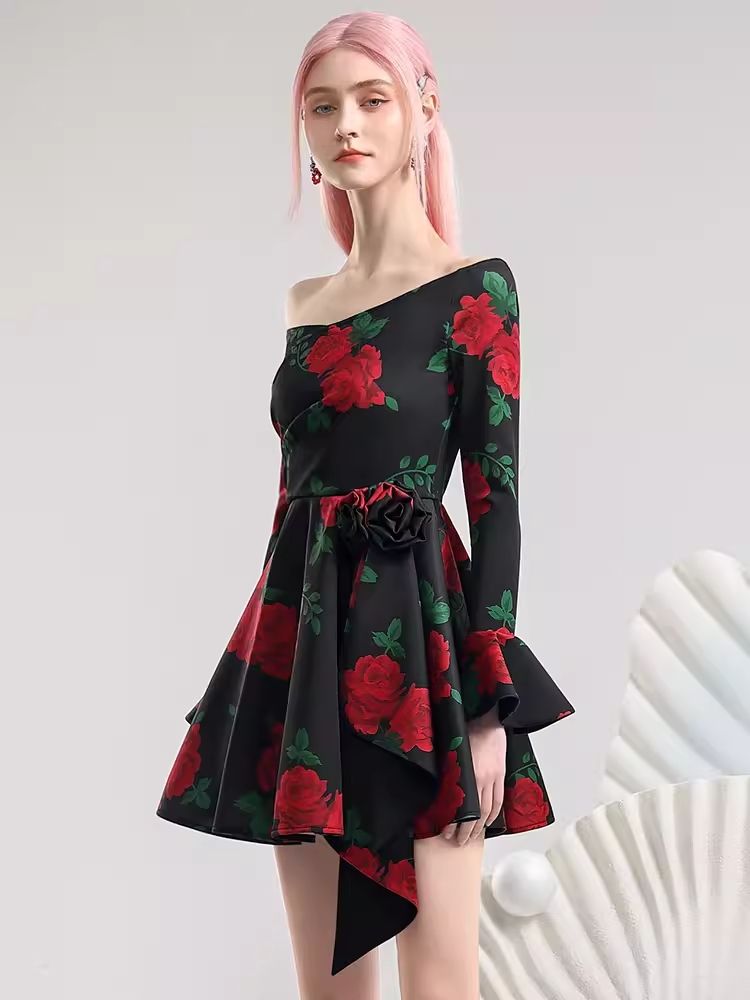 Slant Shoulder Neck Pop Big Flower Dresses