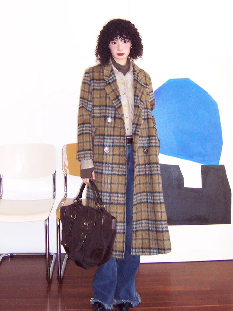 Loose long wool plaid coat