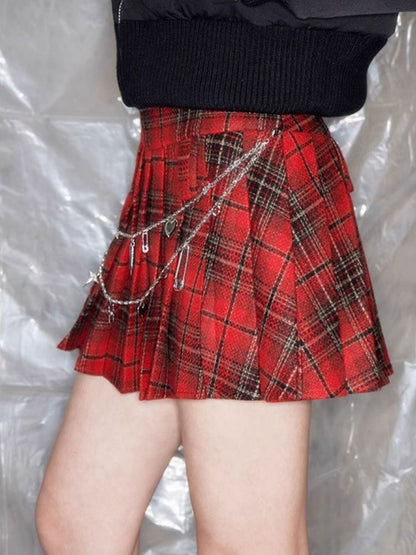 Metal Chain Red Plaid Halter Skirt