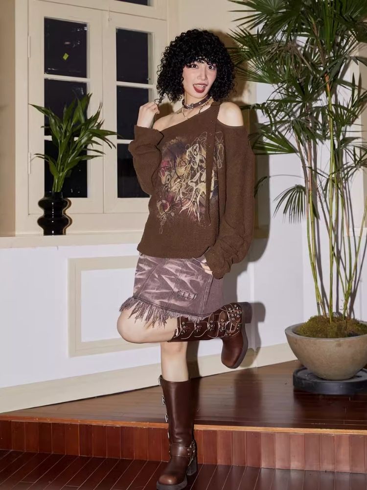 Retro Strapless Long Sleeve Printed Loose Sweatshirt