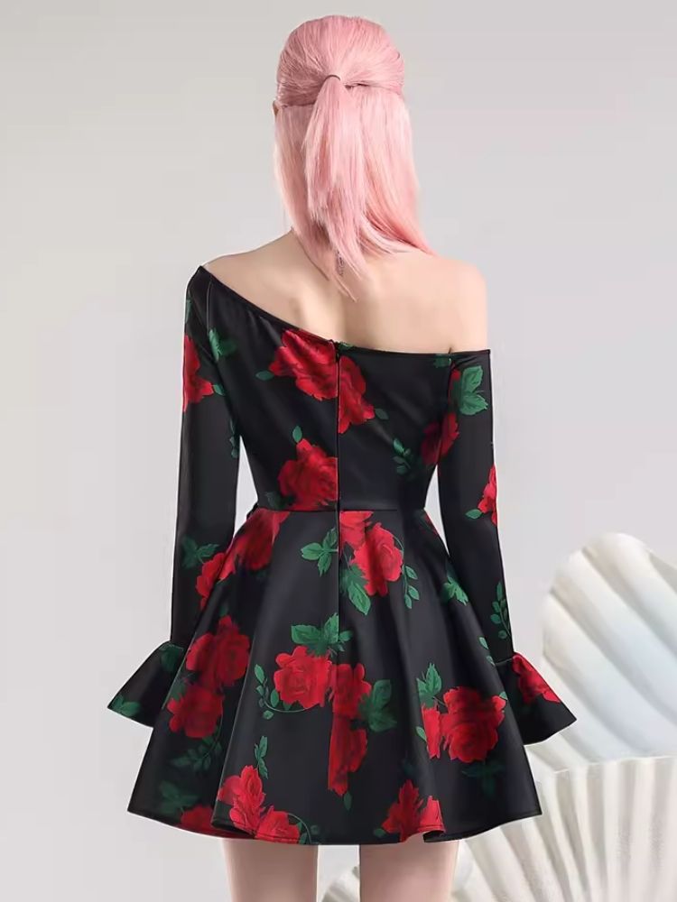 Slant Shoulder Neck Pop Big Flower Dresses