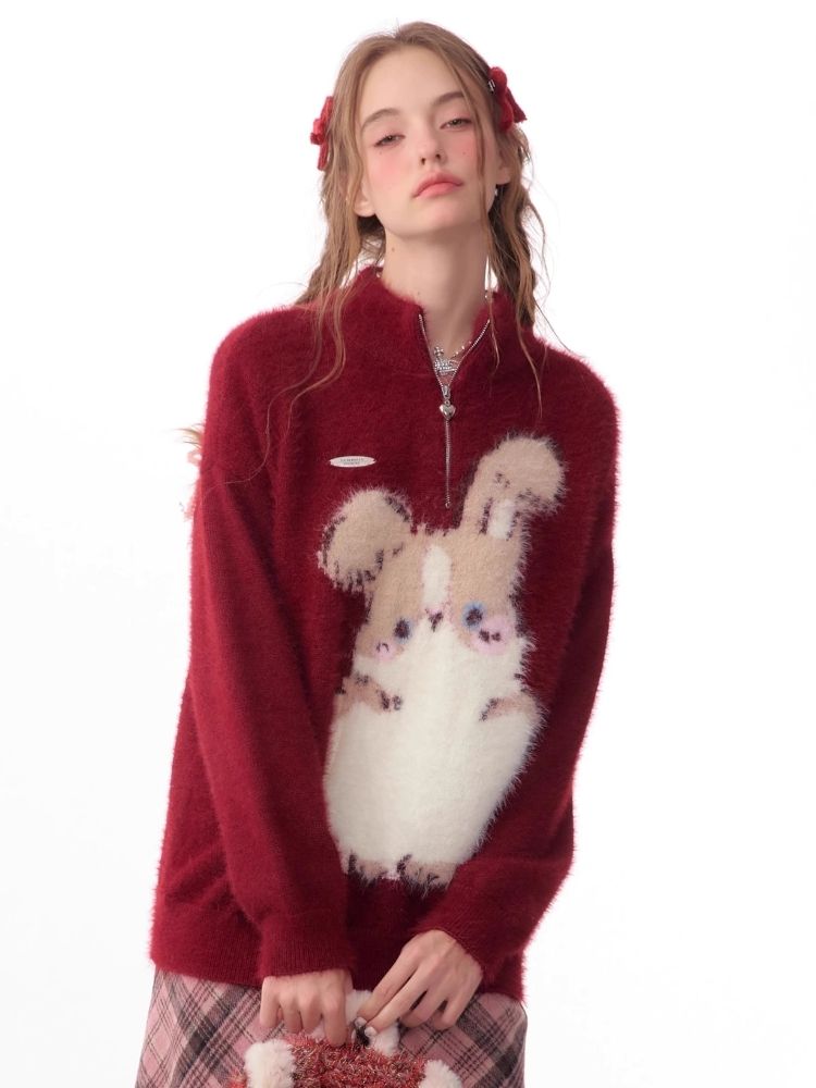 Half High Neck Plush Rabbit Red Sweater