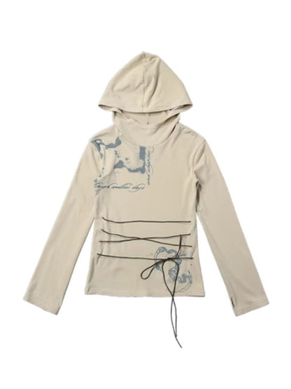 Printed Tie Waist Hooded Sweatshirt