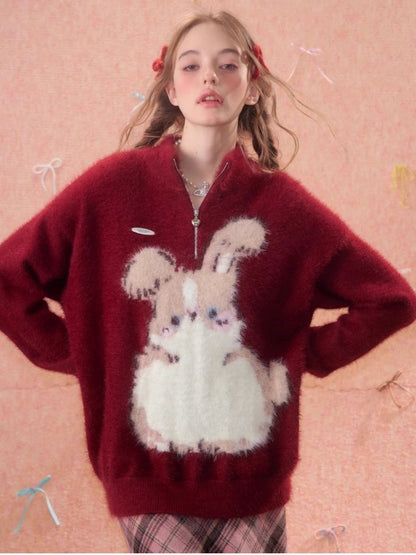 Half High Neck Plush Rabbit Red Sweater