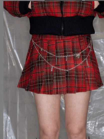 Metal Chain Red Plaid Halter Skirt