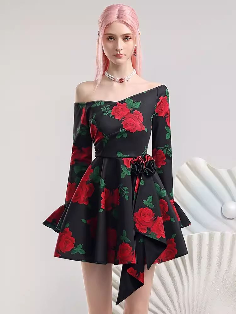 Slant Shoulder Neck Pop Big Flower Dresses