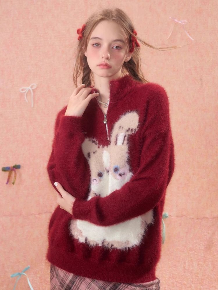 Half High Neck Plush Rabbit Red Sweater