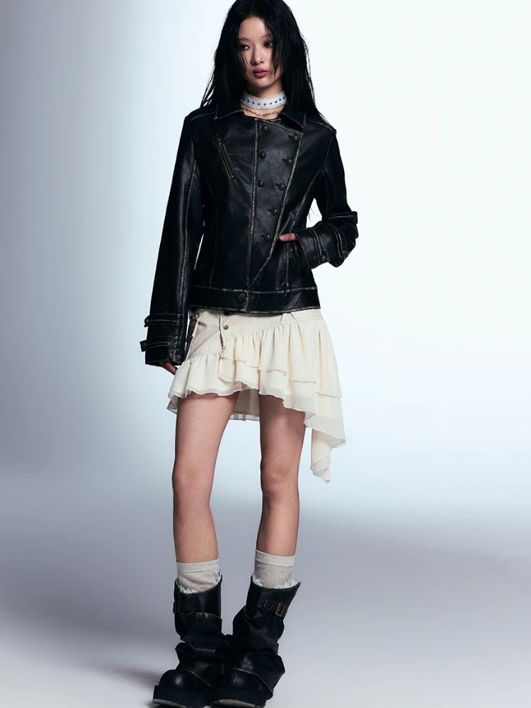 Waisted leather short jacket