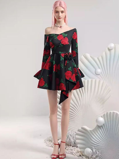 Slant Shoulder Neck Pop Big Flower Dresses