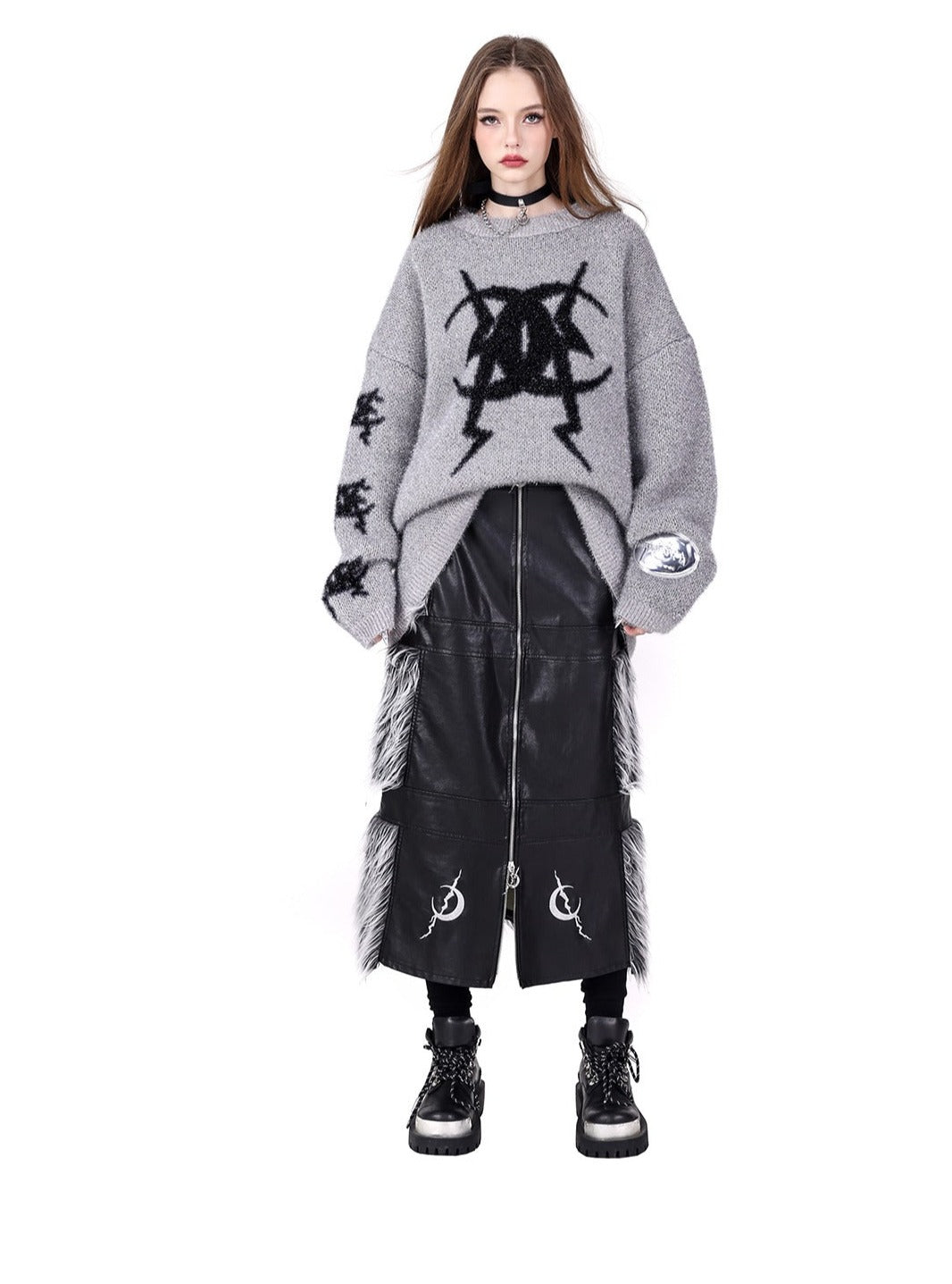 Double Zipper Black Silver Y2K Fur Skirt