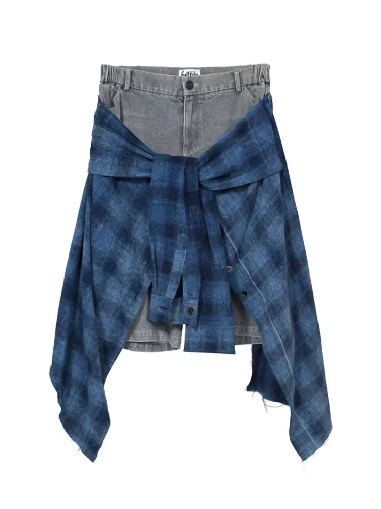 Asymmetric denim washed denim shorts