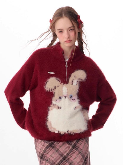 Half High Neck Plush Rabbit Red Sweater