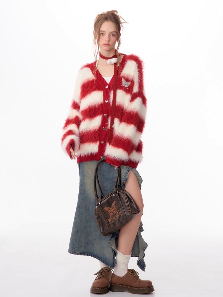 Sticky Chunky Red Striped Knit Sweater Cardigan