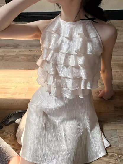 Glossy Ruffle Hanging Neck Dress