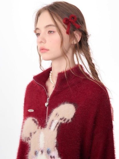 Half High Neck Plush Rabbit Red Sweater