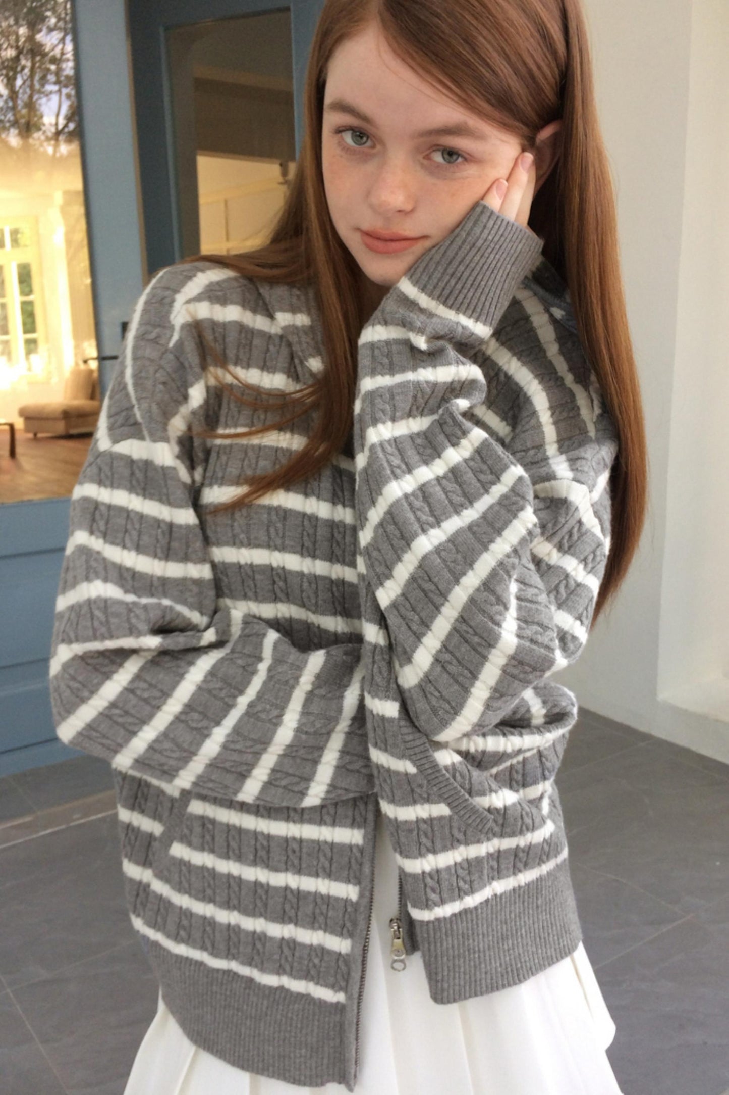 Vintage Gray Striped Hoodie Cardigan